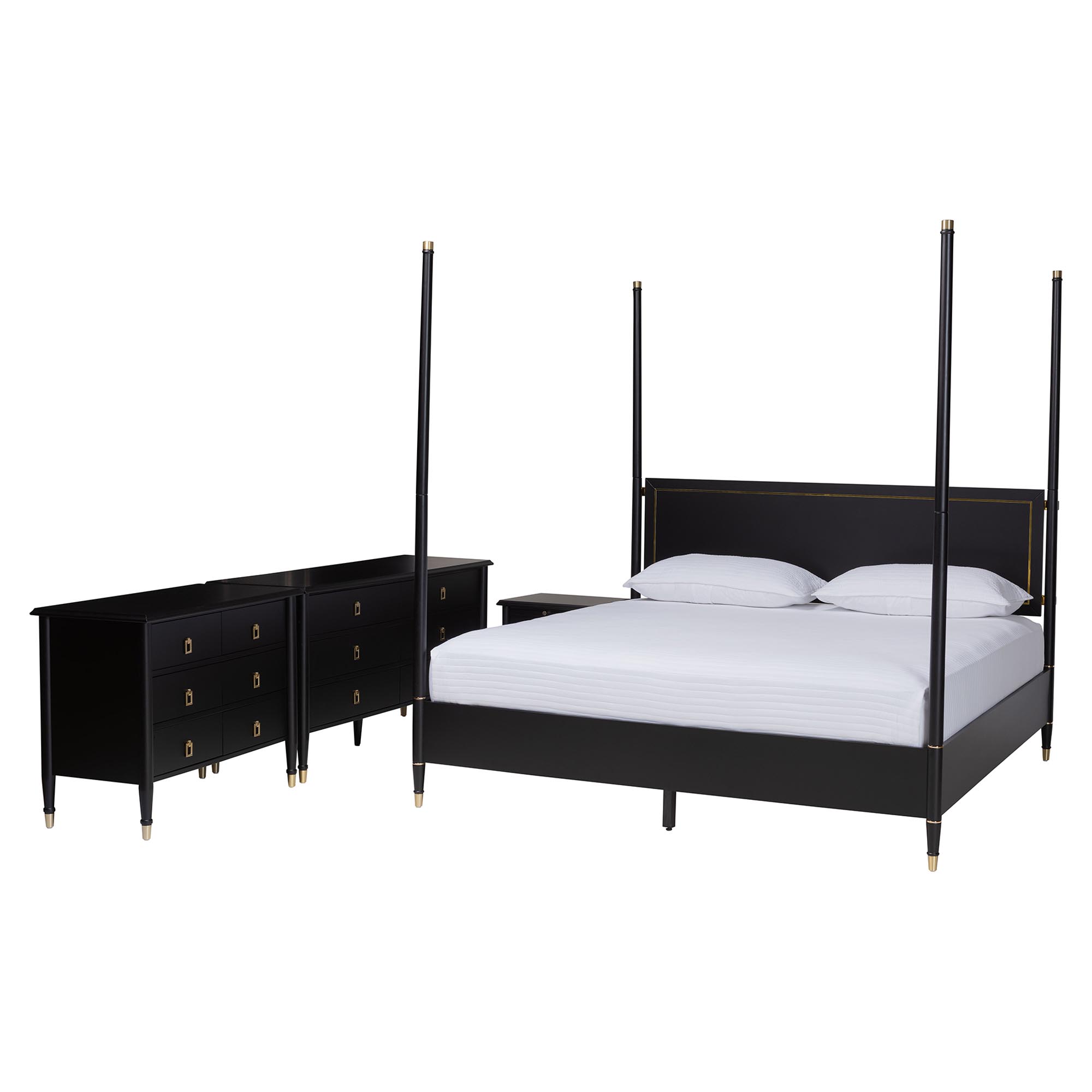 Baxton Studio Tamra Four-Poster Platform Bedroom Set - Black Wood Bed Frame with Matching Dresser, Chest and Nightstand, Modern Transitional Bedroom Furniture, King Affordable modern furniture in Chicago, classic bedroom furniture, modern king size, cheap king size